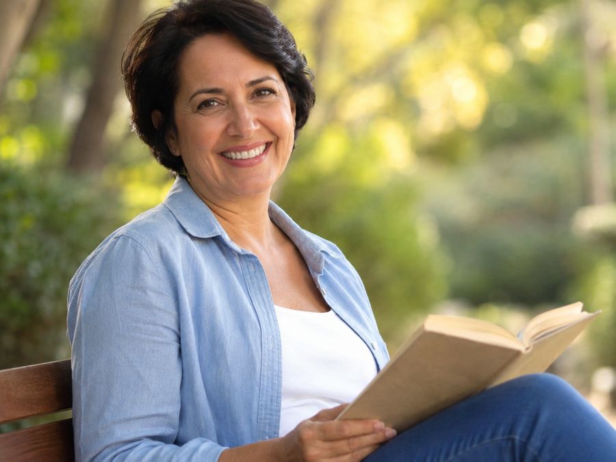 Happy adult enjoying a peaceful moment reading outdoors